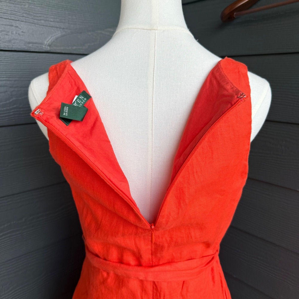 Lauren Ralph Lauren 100% Linen Wrap Look Tie Waist Dress Orange Size 6 - Picture 3 of 10